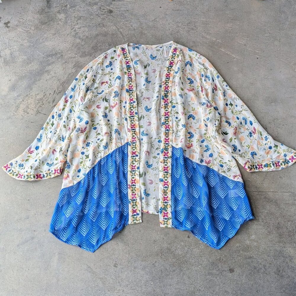 Soft Surroundings Blue Floral Embroidered Open Front Kimono Cardigan size 3X